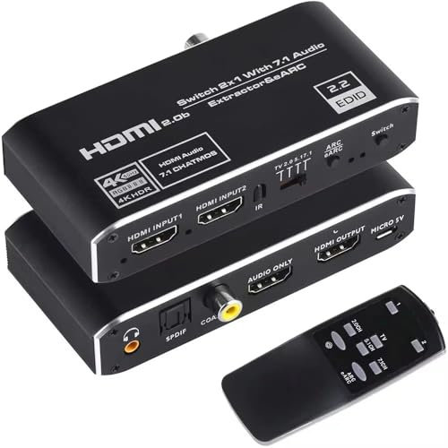 Conmutador HDMI 2x1 con extractor de audio, 4K 120Hz, HDMI 2.0b, 7.1CH EARC, control remoto