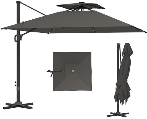 Outsunny 3.5x3 m Garden Cantilever Parasol with Solar LED Lights and Centre Light, UPF50+ Aluminium Patio Umbrella with 360° Rotation and Tilt, Hanging Sun Shade with Cross Base, Crank Handle, Grey