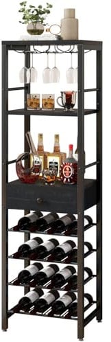 IBUYKE Wine Rack Freestanding Floor, Bar Cabinet,Coffee Bar Cabinet 4-Tier Wood bar Cabinet,Glass Holder and Storage Drawer for Home Bar Kitchen Living Room,Black TMJ905B