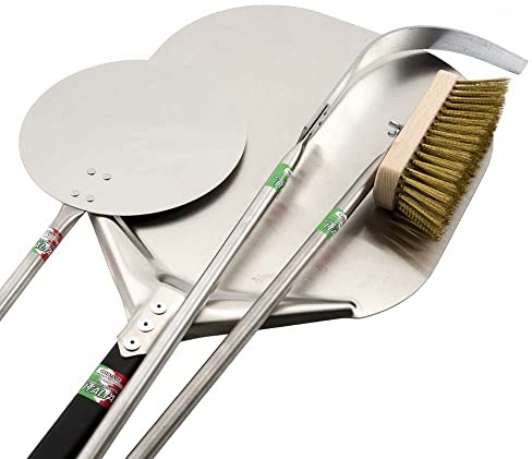 GIEMME Set Pizzaschaufeln Professionell, Aluminium-Schaufel 36 cm, Kleine Schaufel aus rostfreiem Stahl 22 cm, Bürste und Funkenverteiler, Griff 150 cm