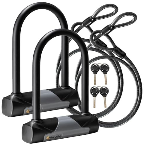Via Velo 2 Bike Lock Sets with Same Key System Heavy Duty Anti-Theft Bicycle U Locks with 8 mm x 4.92ft Braided Steel, 4 Keyed Alike Keys for E-Bike, Scooter Mountain Road Bike