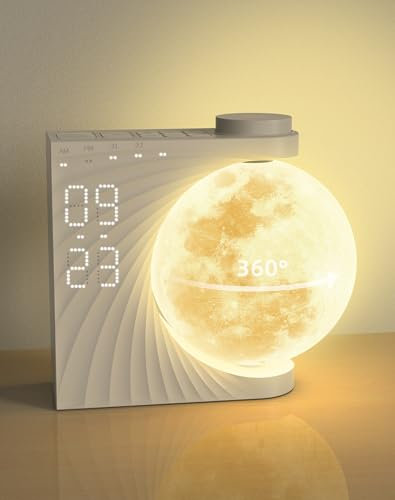 Despertador luz natural,360°Girar despertador amanecer,Reloj Despertador y Máquina de Sonido con Luz de Luna para Personas que Duermen Mucho,Alarma Dual, Función de Repetición,Luz para Despertar,1