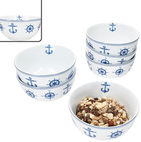 MamboCat AHOI 6er Set Müslischale 13,9cm I 400ml I blau-weiße Porzellan-Schüssel mit nautischen Motiven für 6 Personen I Schälchen für Salat, Suppe, Müsli, Chips & Co.