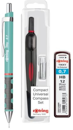 rOtring Geometrie & Zeichenset - Kompakter Universalzirkel + Tikky Druckbleistift 0,7 mm + HB Minen - Deutsches Präzisionsset für Technisches Zeichnen & Schulgebrauch