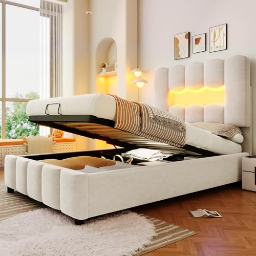 Polsterbett Bett 90x200,Einzelbett mit LED-Beleuchtung&verstellbares Kopfteil, Stauraumbett Jugendbett mit Hydraulisch Stauraum&Lattenrost,Funktionsbett Gästebett Bettgestell,ohne Matratze,Samt,Beige