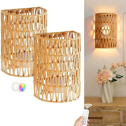 DTSDWA 2 Stück Boho Rattan Wandlampe Innen Akku Wandleuchte Ohne Stromanschluss RGB Dimmbare Wandleuchten mit Fernbedienung Retro Nachttischlampe für Schlafzimmer Wohnzimmer Flur