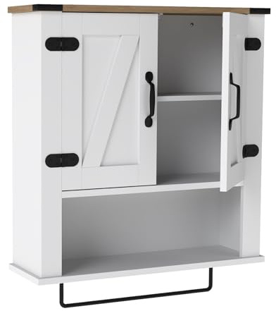GIANTEX Badezimmerschrank Hängend mit Handtuchhalter und 3 Ablagen | Wandschrank mit Scheunentüren, Aufbewahrungsschrank für Badezimmer, Küche & Flur, 60 x 20 x 72,5 cm