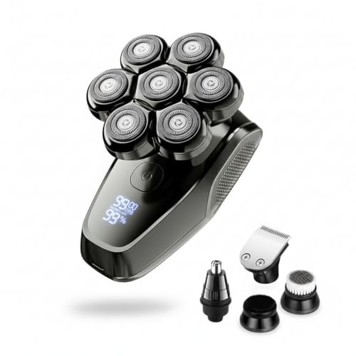 Kopfrasierer Herren 7D – Elektrischer Glatzen Rasierer mit flexiblen Rotationsköpfen, hautschonend für empfindliche Haut, 100% wasserdicht für Nass- & Trockenrasur, leicht zu reinigen