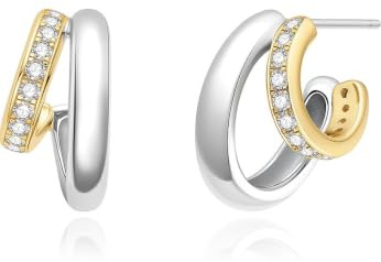 ANIA HAIE Damen Creolen TIDE ECHO Two Stone aus 925 Sterling Silber 14k vergoldet, besetzt mit 28 Zirkonia, Durchmesser: 8,5 mm, inkl. Geschenkverpackung