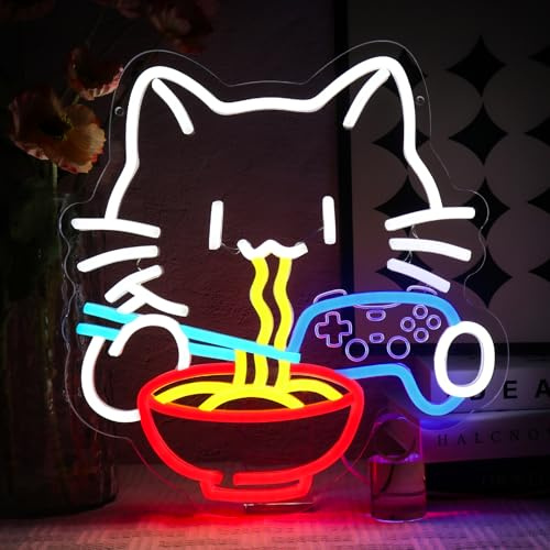 OYCGZV Ramen Katze Neon Schild Spielende Katze Led Neonschild Wand Gaming Neon Sign USB Led Schild für Game Zone Spielzone Schlafzimmer Wohnzimmer Männerhöhle Haushalt Küche Partei