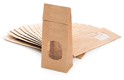 Braune Blockbodenbeutel, 10 Stück: Papiertüten mit Sichtfenster, Tüten Klein, Teetüten Braun, Geschenktüte für Süßigkeiten & Gewürze, Kraftpapiertüten, Papierbeutel mit Folieneinlage, 7 x 4 x 20,5 cm