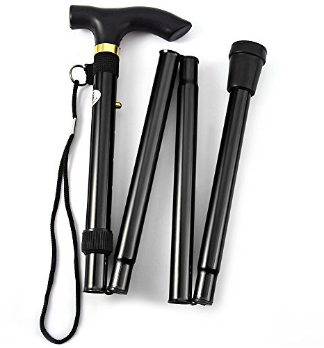 Comfkey Folding Lightweight Walking Stick - Adjustable Aluminum Metal Collapsible Travel Cane with Non-Slip Rubber Base (Black)