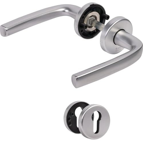 Vachette Set de Poignée de Porte sur Rosaces Ø 52 mm Logio - Version Clé I pour Porte d’Entrée, Cave, Bureau, Garage - Garantie 10 ans - en Aluminium Résistant - Finition Argent