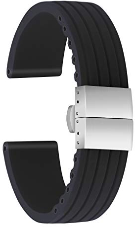 ULLCHRO Unisex Kautschuk Armband mit Edelstahl Silber Faltschließe 20mm Schwarz