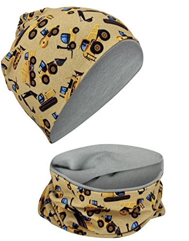 HECKBO Kinder Beanie & Schal Set - Baufahrzeuge Bagger Laster - Jersey Wendemütze - 2-8 Jahre, Baumwolle - Helm Mütze Kinder Schal grau - Kinder schal und Mütze