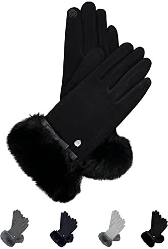 AKAROA ESTD 2019 Damen Handschuhe Liz, Touchscreen Handschuhe, extra weiches Teddyfutter, elastisches Jerseymaterial, Kunstfellstulpe, 100% vegan, schwarz, S/M