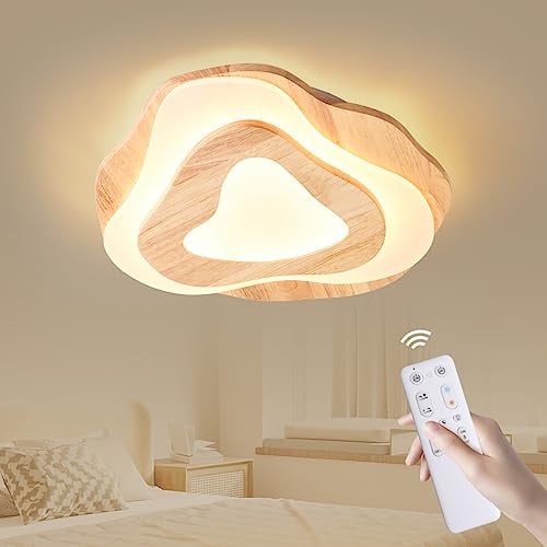 LED Dimmbar Deckenleuchte Holz Schlafzimmer Deckenlampe Mit Fernbedienung Ø40cm 36W Unregelmäßiges Runde Holz Kinderzimmer Deckenlampe, Wohnzimmerlampe Mit Memory Funktion /Timing-Funktion,3000K-6000K