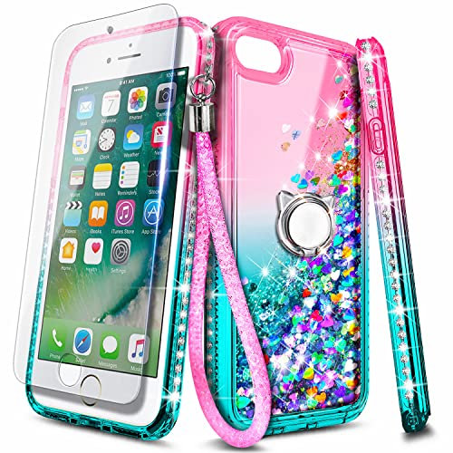 NGB Designed for iPhone 8 Plus & iPhone 7 Plus/6 Plus/6S Plus Case, Pink/Aqua | Glitter Liquid Cute Cover for Women Girls Kids | with Tempered Glass Screen Protector & Ring Holder & Wrist Strap