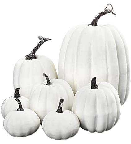 F Fityle 7 Teile Künstliche Kürbisse Set Mini Kürbisse Deko aus Schaumstoff Herbst Kürbisse Ernte Dekoration Garten Rasen Ornament für Herbstdekoration Halloween Thanksgiving- Weiß
