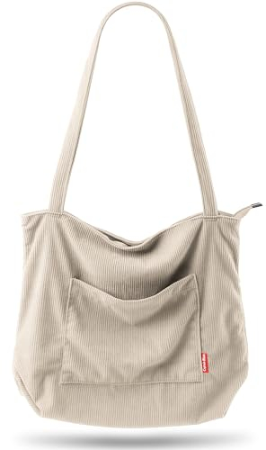 Captain Blues Cord Tasche Damen Umhängetasche mit Reißverschluss, Shopper Tasche Schultertasche Damen Groß Tote Bag für Arbeit, BüRo, Reisen, Einkaufen, Schule, Uni und Alltag (Weiß)