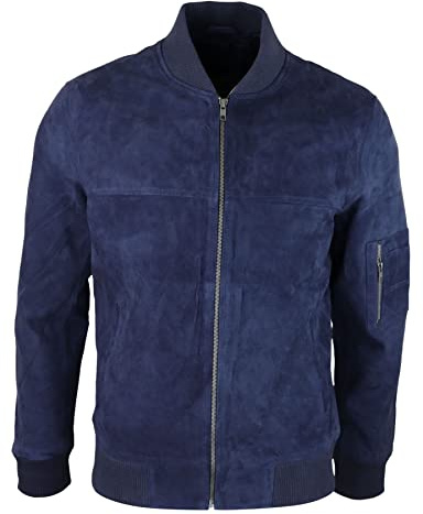TruClothing Mens Genuine Suede Bomber Jacket Leather Casual Varsity Vintage Smart Casual - Navy 5XL