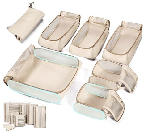 BAGSMART Packwürfel für Koffer, 7 Stück Packwürfel für Reiseutensilien, leichte Gepäck-Organizer-Taschen, Set mit Schuhbeutel, Reisewürfel zum Verpacken, White Opal