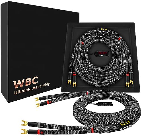 WORLDS BEST CABLES 10 Foot - - Ultimate - 7 AWG - Ultra-Pure OFC – Extra Premium Audiophile HiFi Speaker Cable Pair with Eminence Spade Plugs & Carbon Tweed Jacket