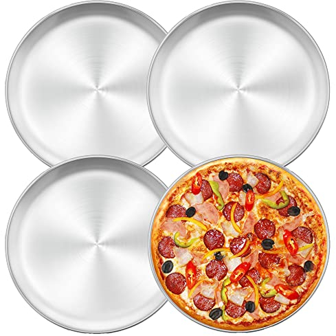 Herogo Juego de 4 bandejas para pizza, 26 cm, redondas, de acero inoxidable, para horno, hornear, servir, asar, no tóxico y saludable, duradera y apta para lavavajillas (metal plateado)
