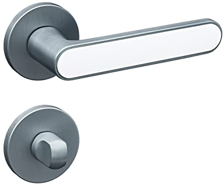Gavroche Türgriffe Set WC/Bad | Türklinken für Innentüren in Matt Silber und Weiß | Drückergarnitur für Zimmertür mit runder Rosettengarnitur aus Zink | Türbeschlag in L-Form