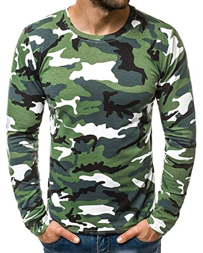 Oanviso Herren Langen Ärmel Rundhalsausschnitt T-Shirts Camouflage Muster Tee Shirts Camo Druck Pullover Freizeit Sweatshirt Vintage Tarnung Bluse Leichte Strand T-Shirt Bequem Tops A Grün XL