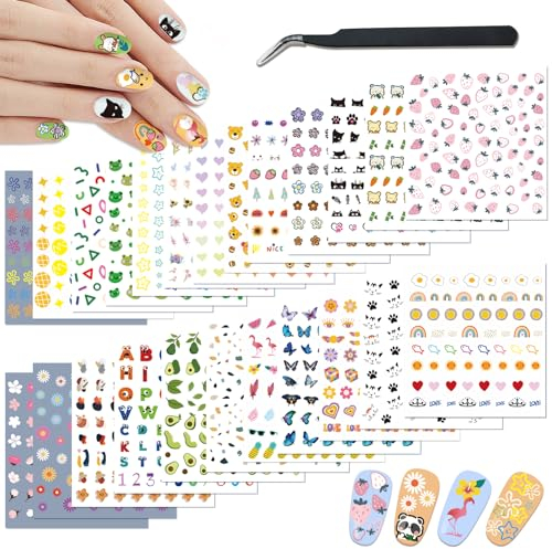 24 Blatt Nagelsticker für Kinder Mädchen und Frauen, Nail Art Sticker Panda Katze Bär Frosch Schmetterling Flamingo Herz Lächeln Blume Erdbeere Stern Alphabet für Nail Art Dekoration mit Pinzette
