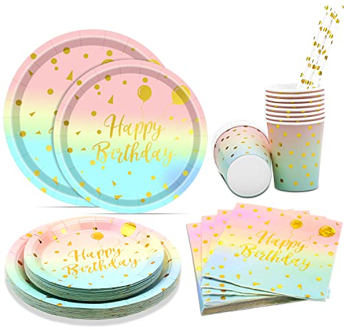 Partygeschirr Set,Feelhap Partygeschirr Kindergeburtstag für 25 Gäste,Regenbogen Party Set mit 125 Stück Papier Teller Tassen Servietten Strohhalme,Rosagold Geschirr Set (Geburtstag Party Geschirr)