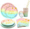 Partygeschirr Set,Feelhap Partygeschirr Kindergeburtstag für 25 Gäste,Regenbogen Party Set mit 125 Stück Papier Teller Tassen Servietten Strohhalme,Rosagold Geschirr Set (Geburtstag Party Geschirr)