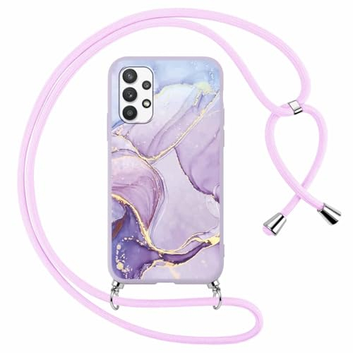 ZhuoFan Handykette für Samsung Galaxy A50/A30S/A50s Hülle mit Band, Aesthetic Marmor Muster Verstellbarer Halskette Handyhülle mit Kordel zum umhängen, Violett Silikon Schutzhülle mit Kette, Marble