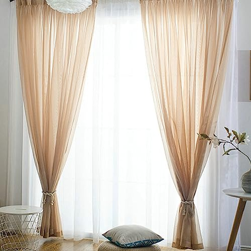 Gualiy Fenster Vorhänge Schlafzimmer, Gardine Vorhang Dünn Einfarbig Vorhänge Modern 132x137 cm Hellbraun Vorhang für Leiste