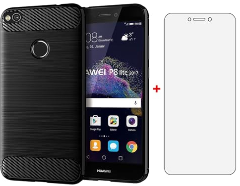 Asuwish Handyhülle für Huawei P8 Lite 2017 Hülle mit Glas Folie Panzerfolie Schutzfolie und Extra Dünn Silikon TPU Handyhüllen Honor 8 Lite P9 Pra-LX1 Slim Handy Hüllen Schutzhülle Phone Case Schwarz