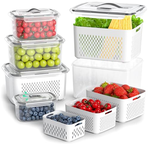 Fruit Storage Containers for Fridge - 5 Size Food Storage Containers for Refrigerator Organizers Bins with Colander Set, Clear Lettuce Keeper with Lids and Handle, Ideal Vegetable Storage Bins