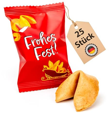 Lucky Treats Weihnachts Glückskekse - 25 Stück - Lebkuchen Geschmack - Adventskalender Füllung - Sprüche auf Deutsch & Englisch - Vegan - Made in Germany