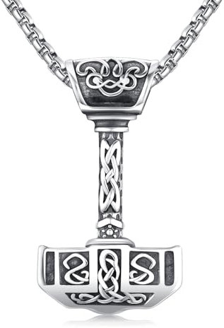 Twoowl Mjolnir Halskette Sterling Silber Wikinger Kompass Anhänger Thor Hammer Halskette Nordische Runen Vegvisir Amulett Schmuck Geschenke für Frauen Männer
