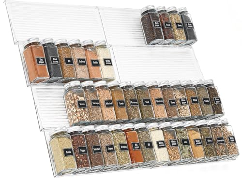 Lifewit Spice Drawer Organiser, Expandable Spice Rack for Drawer,Small Jar Tray, Acrylic Seasoning Jars Holder Storage for Kitchen, Countertop, Cabinet, Shelf, 4 Tiers, Set of 8, Clear