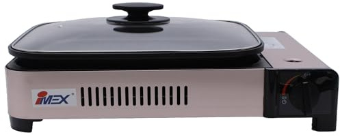 IMEX 2-in-1 Gaskocher und Gasgrill Multi Campinggaskocher | inkl. Grillplatte, Pfanne, Glasdeckel und Koffer, für Innen- und Außenbereich