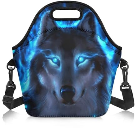 KUIFORTI Lonchera escolar para niños, bolsas de almuerzo cruzadas con estampado de lobo de neón, lonchera escolar para adolescentes y niños, kit de bolsa de almuerzo escolar