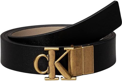 Calvin Klein Damen Gürtel Monogram Plaque Buckle 2,5 cm Wendbar, Mehrfarbig (Na Black/Crockery/Tumbled Gold), 75 cm