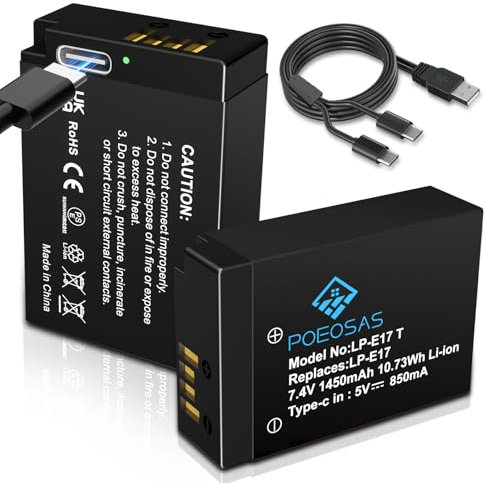 POEOSAS Lot de 2 batteries de rechange, 1450 mAh, LP-E17, avec port de charge USB de type C, pour Canon EOS M3, M5, M6, Rebel SL2, T6i, T6s, T7i, EOS 200D 250D 750D, 760D, 800D, 8000D, KISS X8i, RP