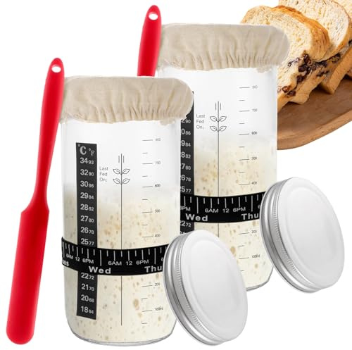 LOPYXBR Set di 2 barattoli di lievito naturale con scala, 1000 ml, con spatola e termometro, accessori per la cottura del pane, contenitore per lievito naturale