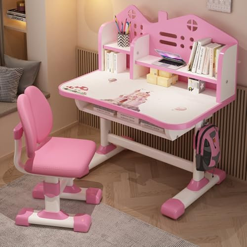 Kids Functional Desk and Chair Set, Ergonomic Height Adjustable Children School Study Desk with Large Desktop, Book Stand, Bookself, Metal Hook and Storage Drawer for Boys Girls Xmas Birthday Gifts P