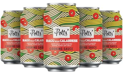 Potts’ Ragu Pasta Sauce in Can, 330g (5 Pack) - Italian Bolognese Tomato Sauce Cans for Vegan & Traditional Meals Made with Roasted Peppers, Fennel, & Chilli - Easy Open Can, Ragu Alla Calabrese