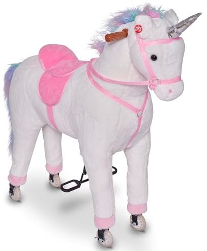 Pink Papaya XXL Reitpferd auf Rollen Einhorn Rainbow, 90cm Spielpferd, fahrendes Schaukelpferd bis 80kg belastbar, Spielzeug Plüsch Pferd zum Drauf sitzen mit Sounds