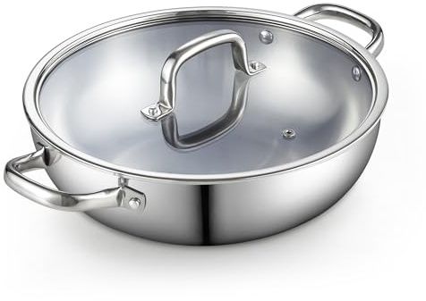 Cook N Home Wok de acero inoxidable de tres capas, wok de inducción de 12 pulgadas con tapa, sartén de fondo plano, plateado