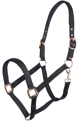 Imperial Riding Halfter Classic Sport aus robustem Nylon, weich gepolstert mit Neopren, verstellbar, mit Karabiner & luxuriösen Roségold-/Goldbeschlägen, Komfortables Pferdehalfter, Schwarz, Full